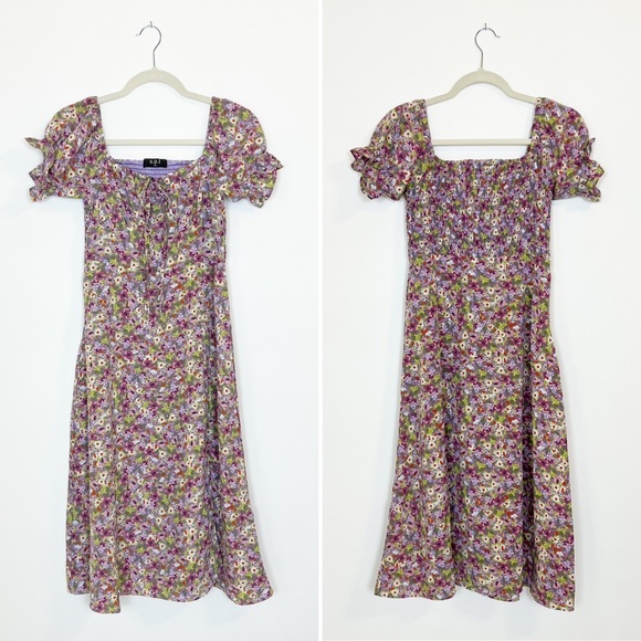 O.P.T. One Pretty Time Go On A Date Floral Smocked Midi Dress Puff Sleeve M - Picture 6 of 9